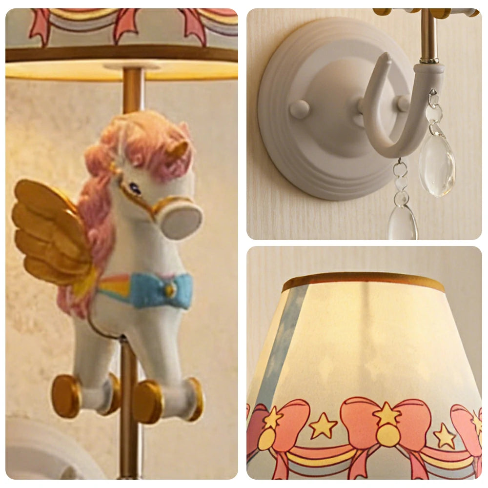 LIVARA Vintage Wall Light Unicorn Pony Design LED Bulb Included Fabric Shade Elegant Style for Bedroom Hallway Living Room