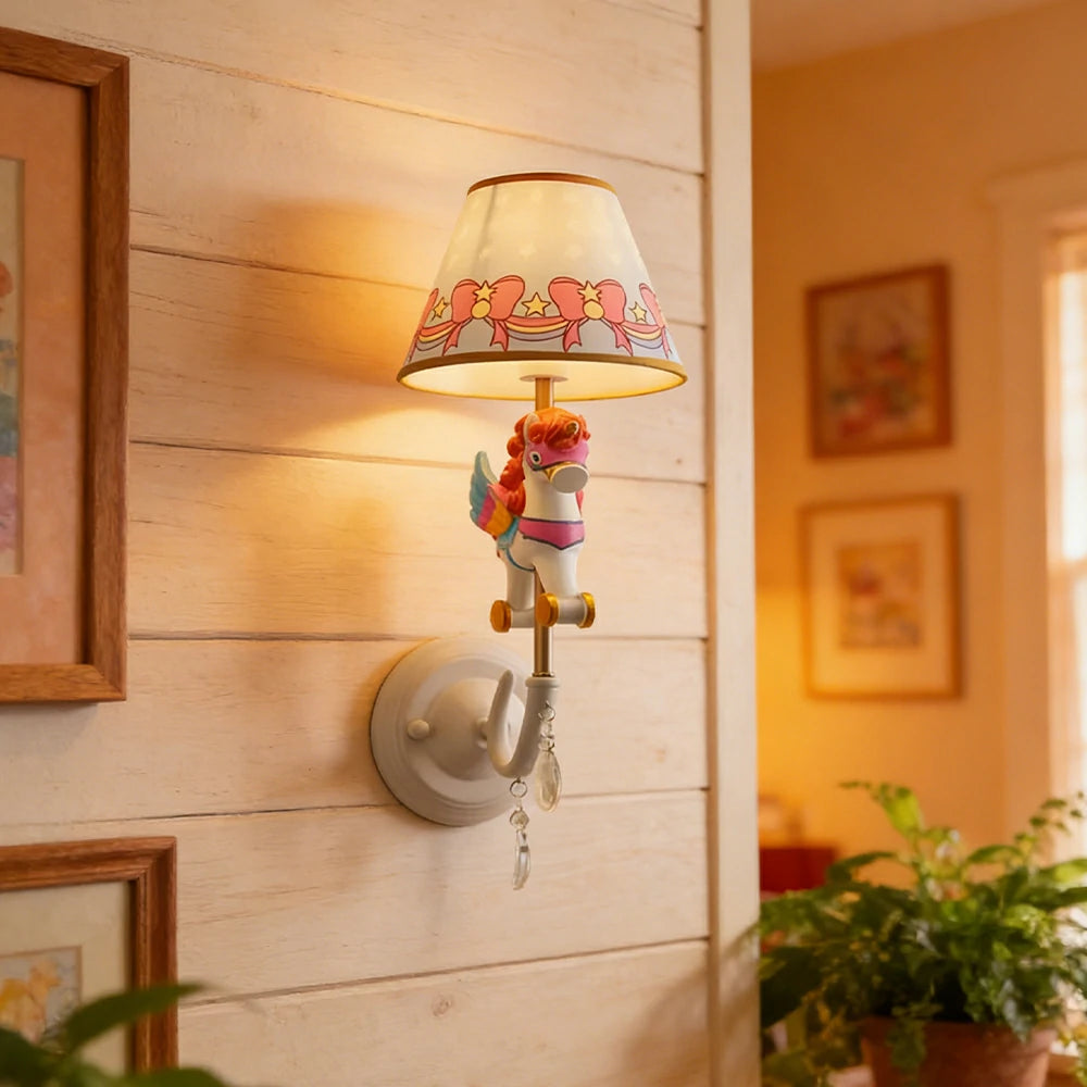 LIVARA Vintage Wall Light Unicorn Pony Design LED Bulb Included Fabric Shade Elegant Style for Bedroom Hallway Living Room - Rose Red