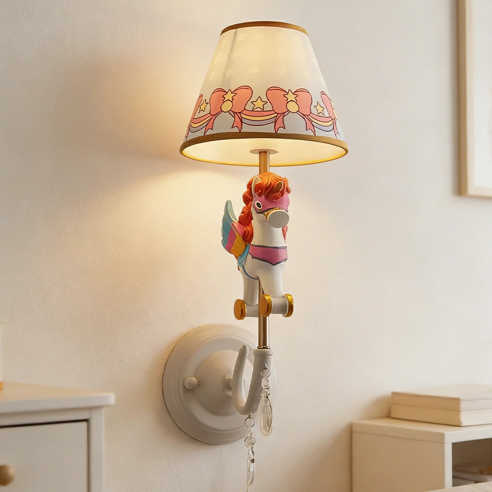 LIVARA Vintage Wall Light Unicorn Pony Design LED Bulb Included Fabric Shade Elegant Style for Bedroom Hallway Living Room - Rose Red