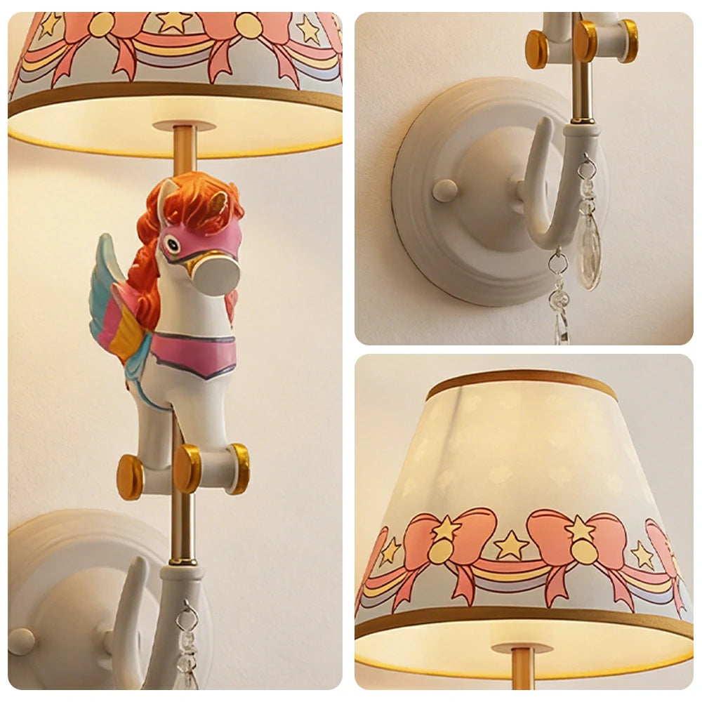 LIVARA Vintage Wall Light Unicorn Pony Design LED Bulb Included Fabric Shade Elegant Style for Bedroom Hallway Living Room - Rose Red