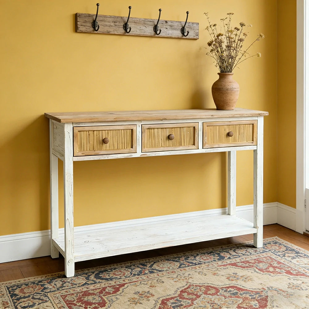 LIVARA Rustic Console Table with 3 Drawers and Shelf Solid Wood MDF Natural Finish Woven Drawer Storage Table
