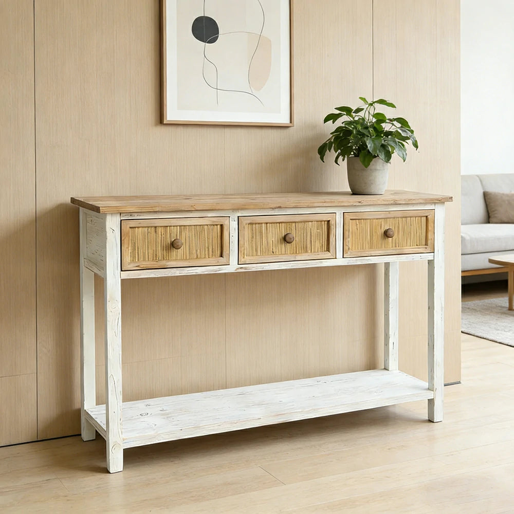 LIVARA Rustic Console Table with 3 Drawers and Shelf Solid Wood MDF Natural Finish Woven Drawer Storage Table