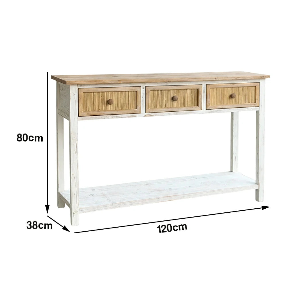 LIVARA Rustic Console Table with 3 Drawers and Shelf Solid Wood MDF Natural Finish Woven Drawer Storage Table