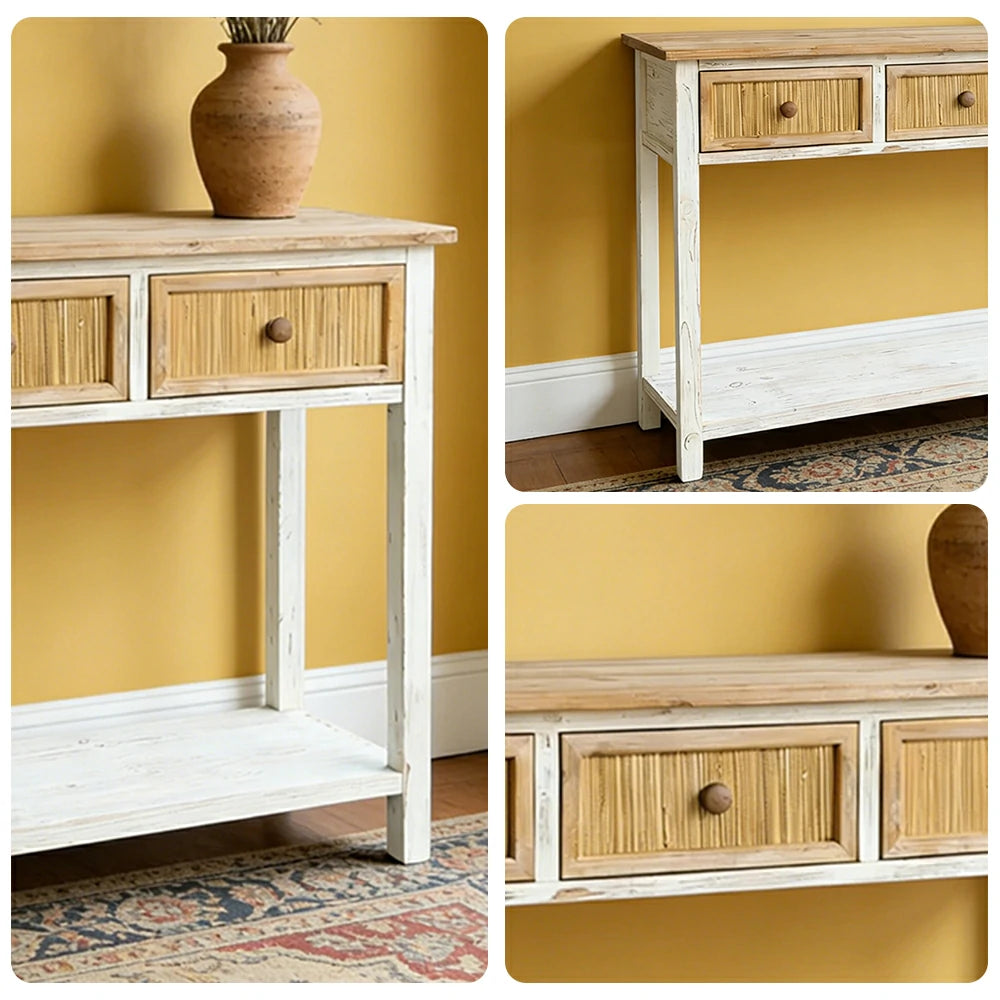 LIVARA Rustic Console Table with 3 Drawers and Shelf Solid Wood MDF Natural Finish Woven Drawer Storage Table