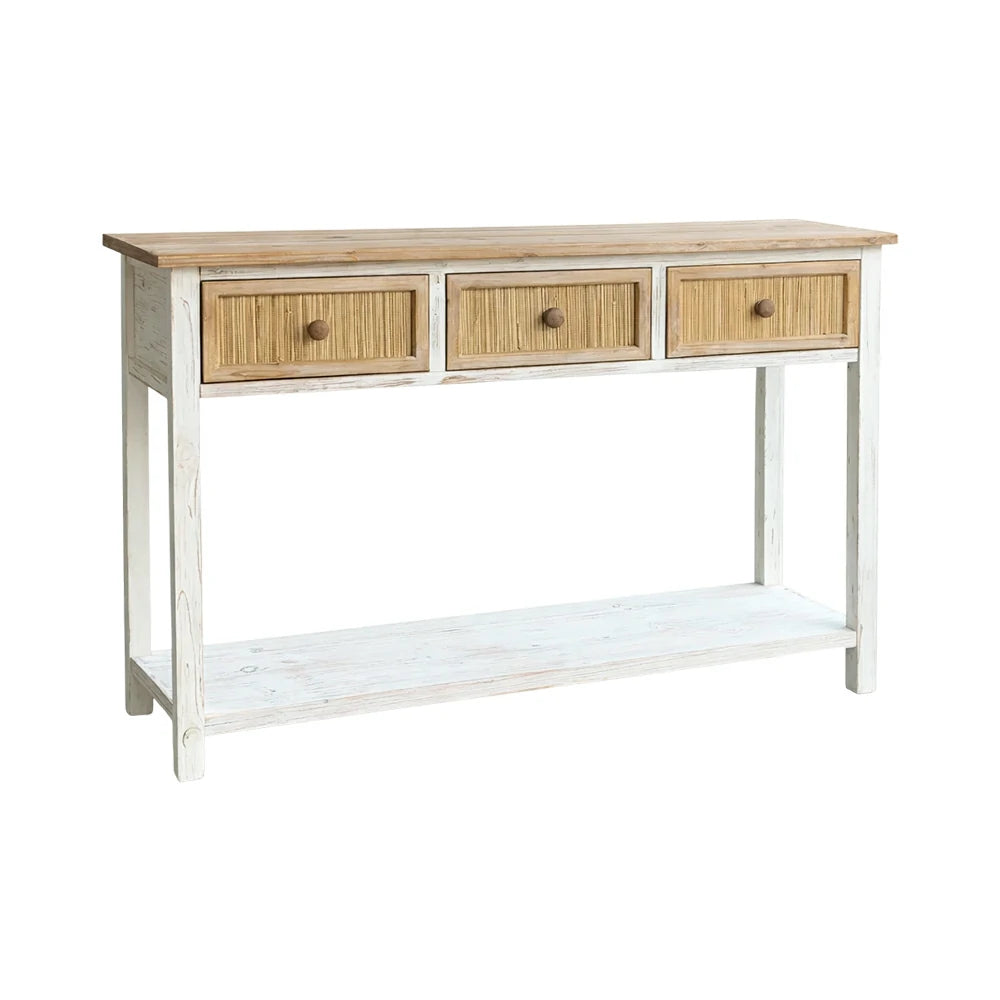 LIVARA Rustic Console Table with 3 Drawers and Shelf Solid Wood MDF Natural Finish Woven Drawer Storage Table