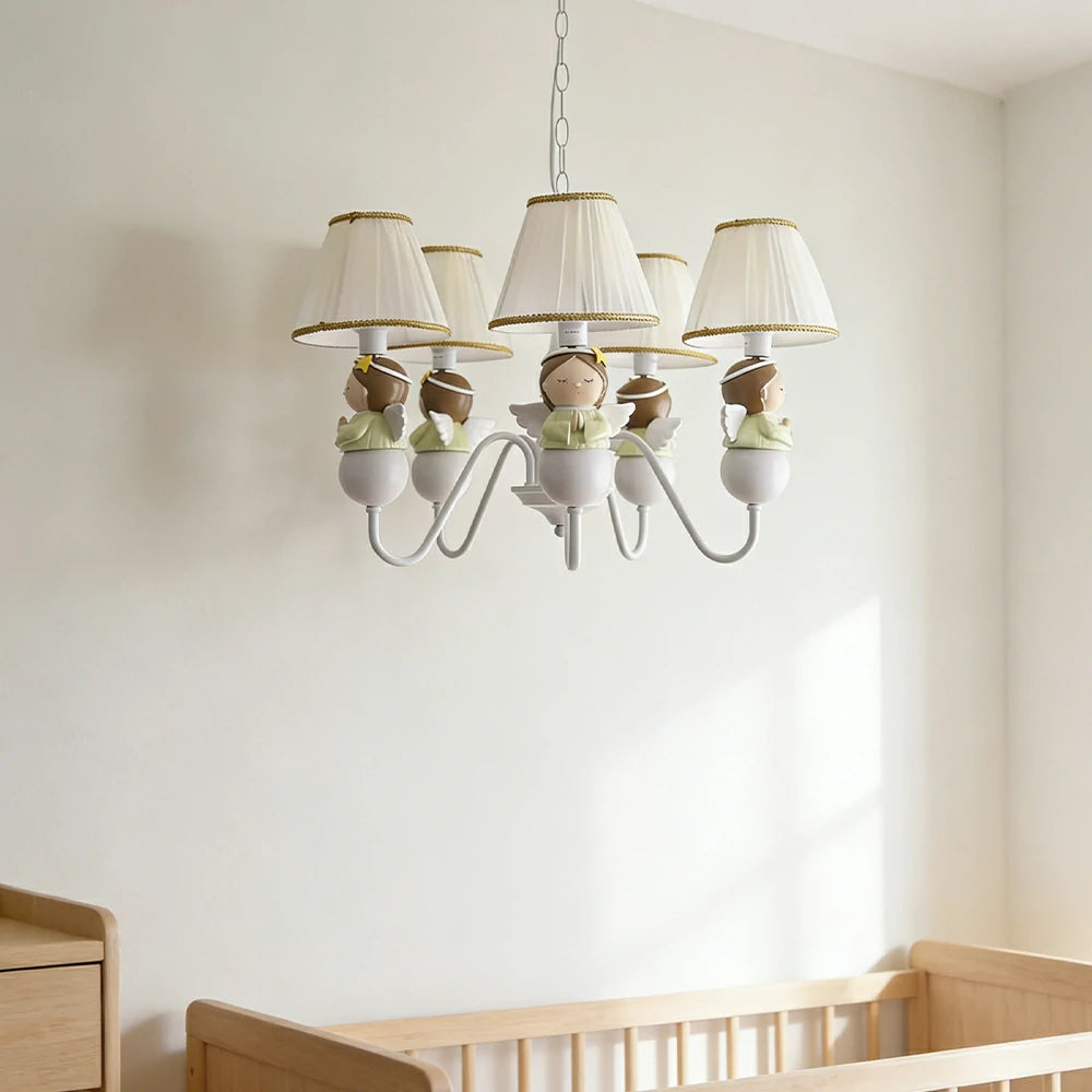 LIVARA Vintage Chandelier Angel Design LED Bulb Included Fabric Shade Elegant Style for Bedroom Dining Living Room - White