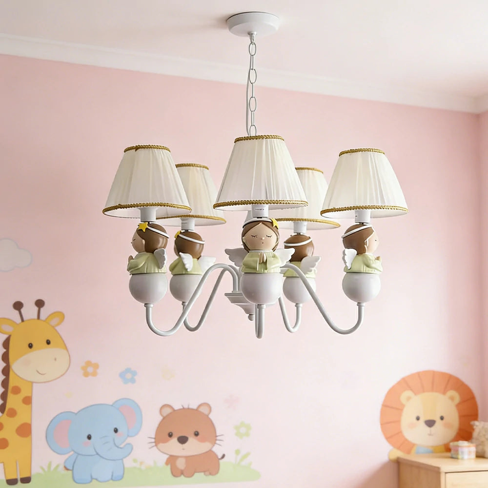 LIVARA Vintage Chandelier Angel Design LED Bulb Included Fabric Shade Elegant Style for Bedroom Dining Living Room - White