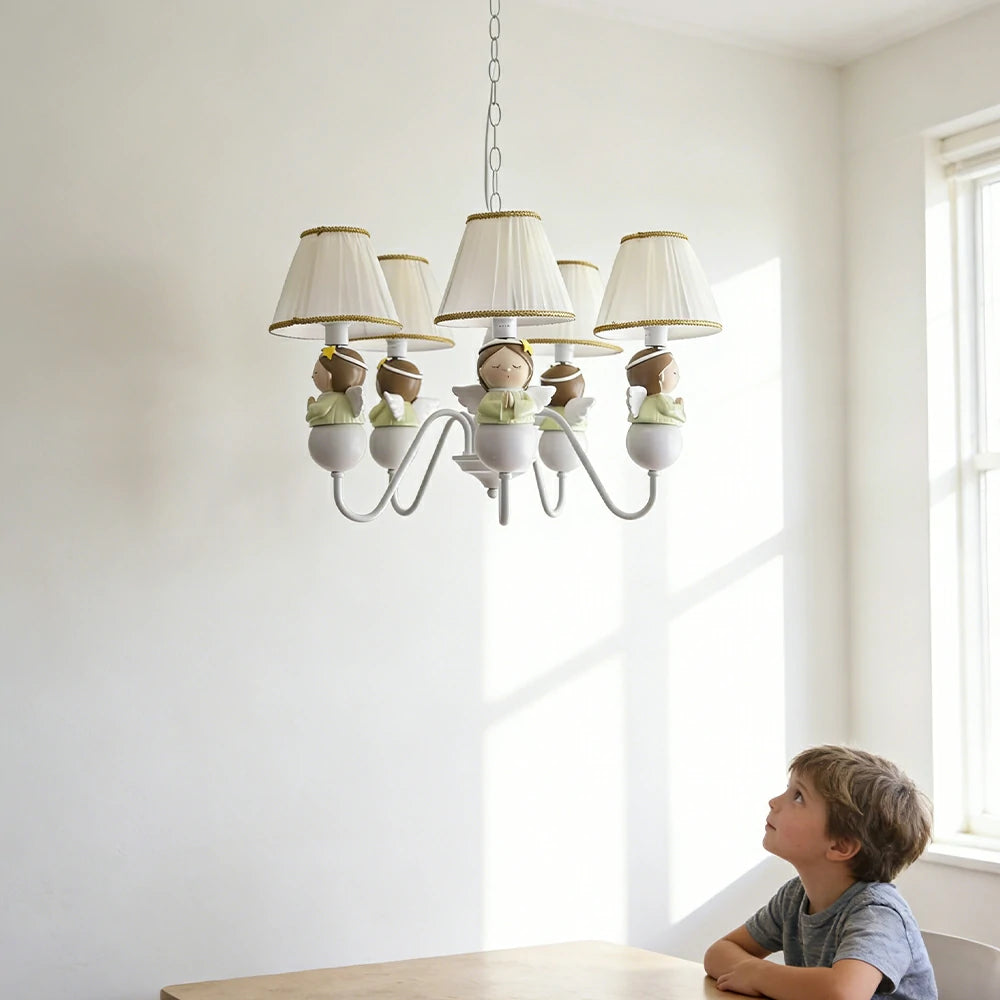 LIVARA Vintage Chandelier Angel Design LED Bulb Included Fabric Shade Elegant Style for Bedroom Dining Living Room - White
