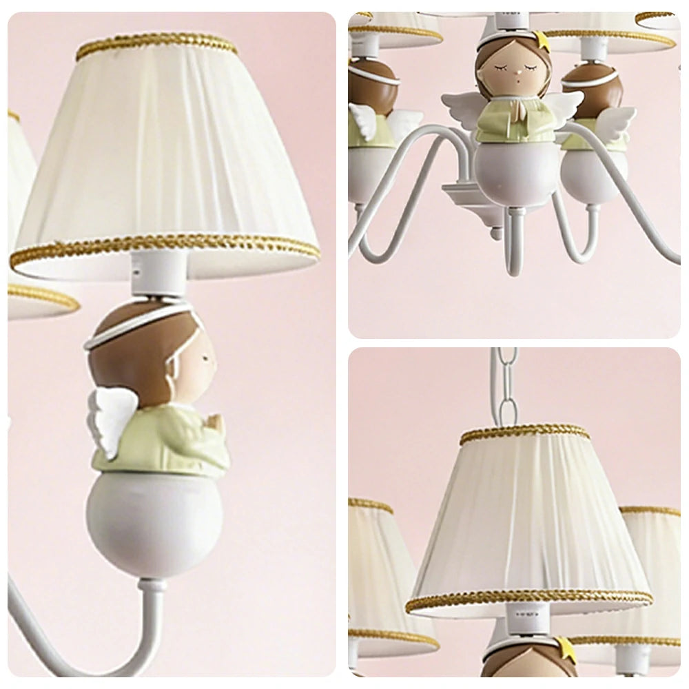 LIVARA Vintage Chandelier Angel Design LED Bulb Included Fabric Shade Elegant Style for Bedroom Dining Living Room - White