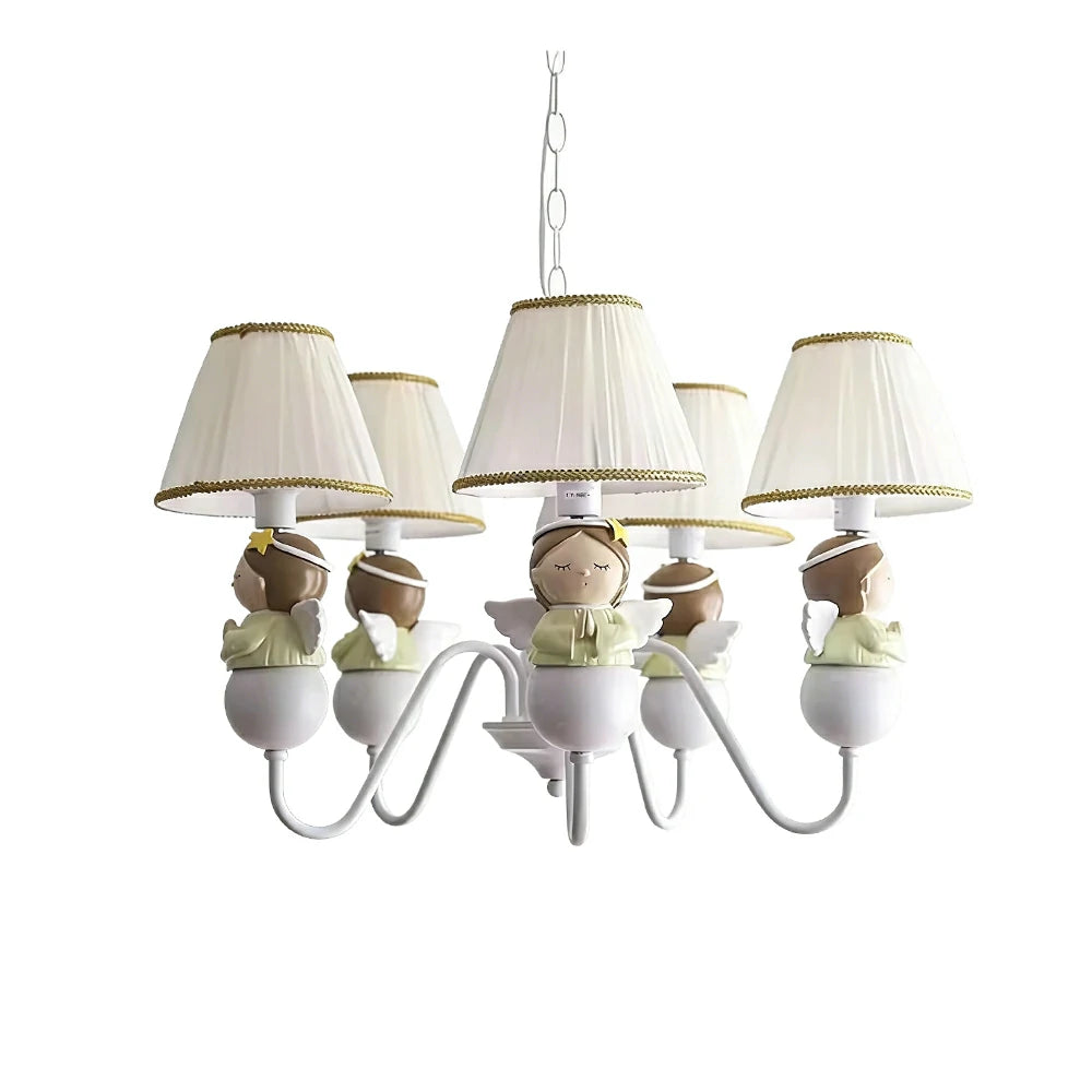 LIVARA Vintage Chandelier Angel Design LED Bulb Included Fabric Shade Elegant Style for Bedroom Dining Living Room - White
