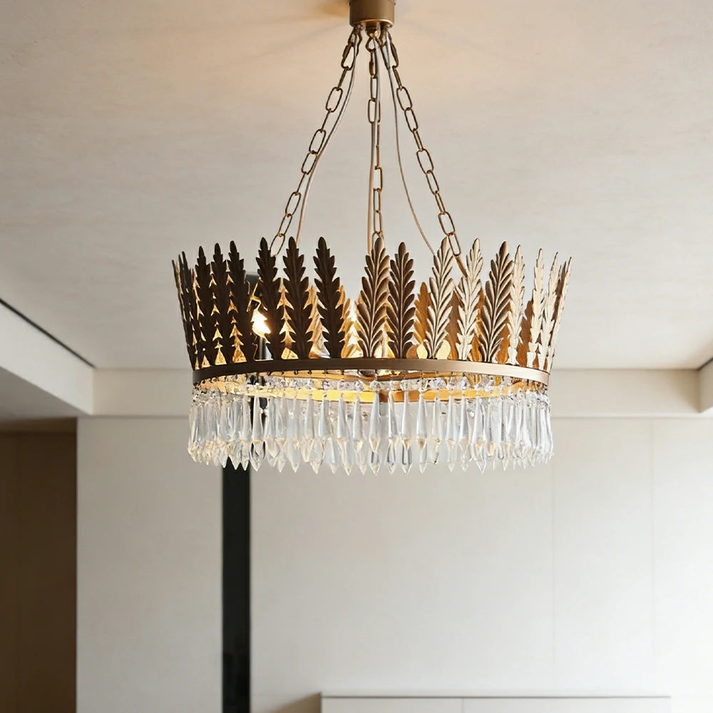 LIVARA Vintage Chandelier Large Crystal Leaf Design Iron Frame Elegant Style for Bedroom Dining Living Room (Bulb Not Included)