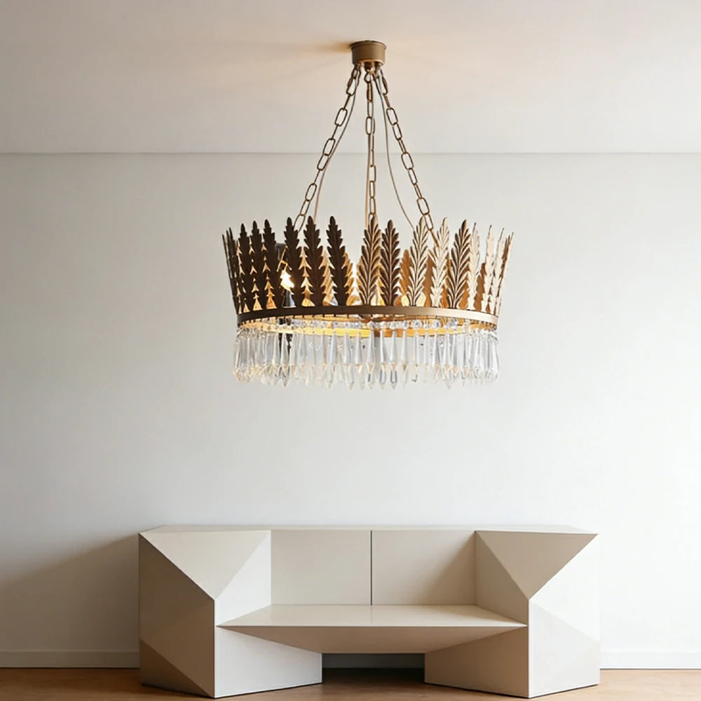 LIVARA Vintage Chandelier Large Crystal Leaf Design Iron Frame Elegant Style for Bedroom Dining Living Room (Bulb Not Included)