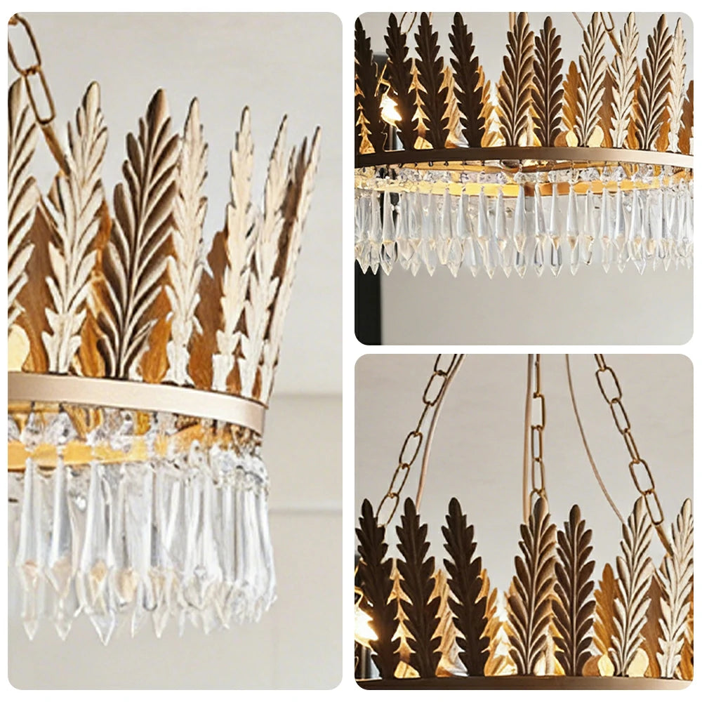 LIVARA Vintage Chandelier Large Crystal Leaf Design Iron Frame Elegant Style for Bedroom Dining Living Room (Bulb Not Included)