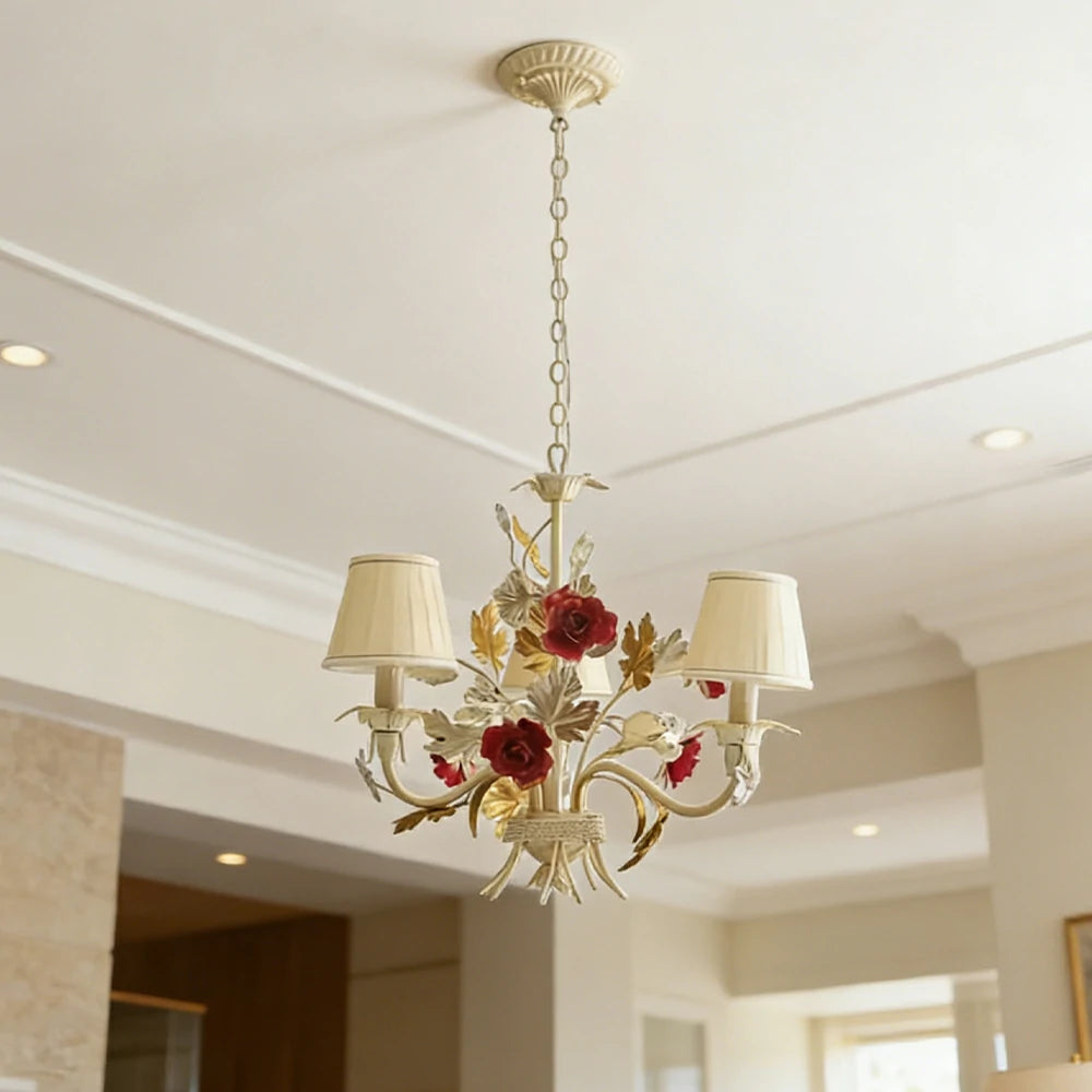 LIVARA Vintage Chandelier Floral Fabric Shade Iron Frame Elegant French Style for Bedroom Dining Living Room (Bulb Not Included)