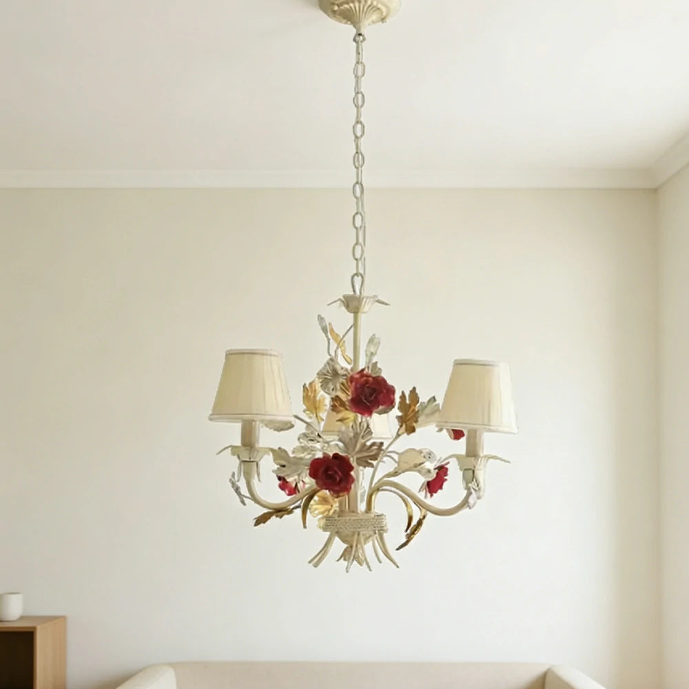 LIVARA Vintage Chandelier Floral Fabric Shade Iron Frame Elegant French Style for Bedroom Dining Living Room (Bulb Not Included)