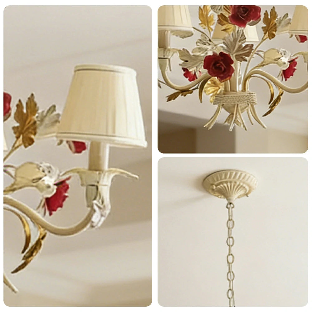 LIVARA Vintage Chandelier Floral Fabric Shade Iron Frame Elegant French Style for Bedroom Dining Living Room (Bulb Not Included)