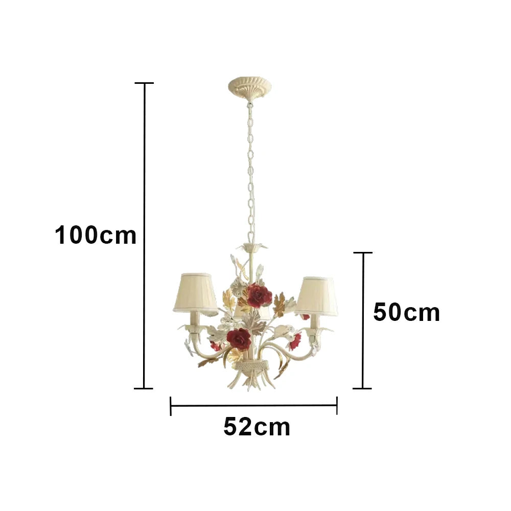 LIVARA Vintage Chandelier Floral Fabric Shade Iron Frame Elegant French Style for Bedroom Dining Living Room (Bulb Not Included)