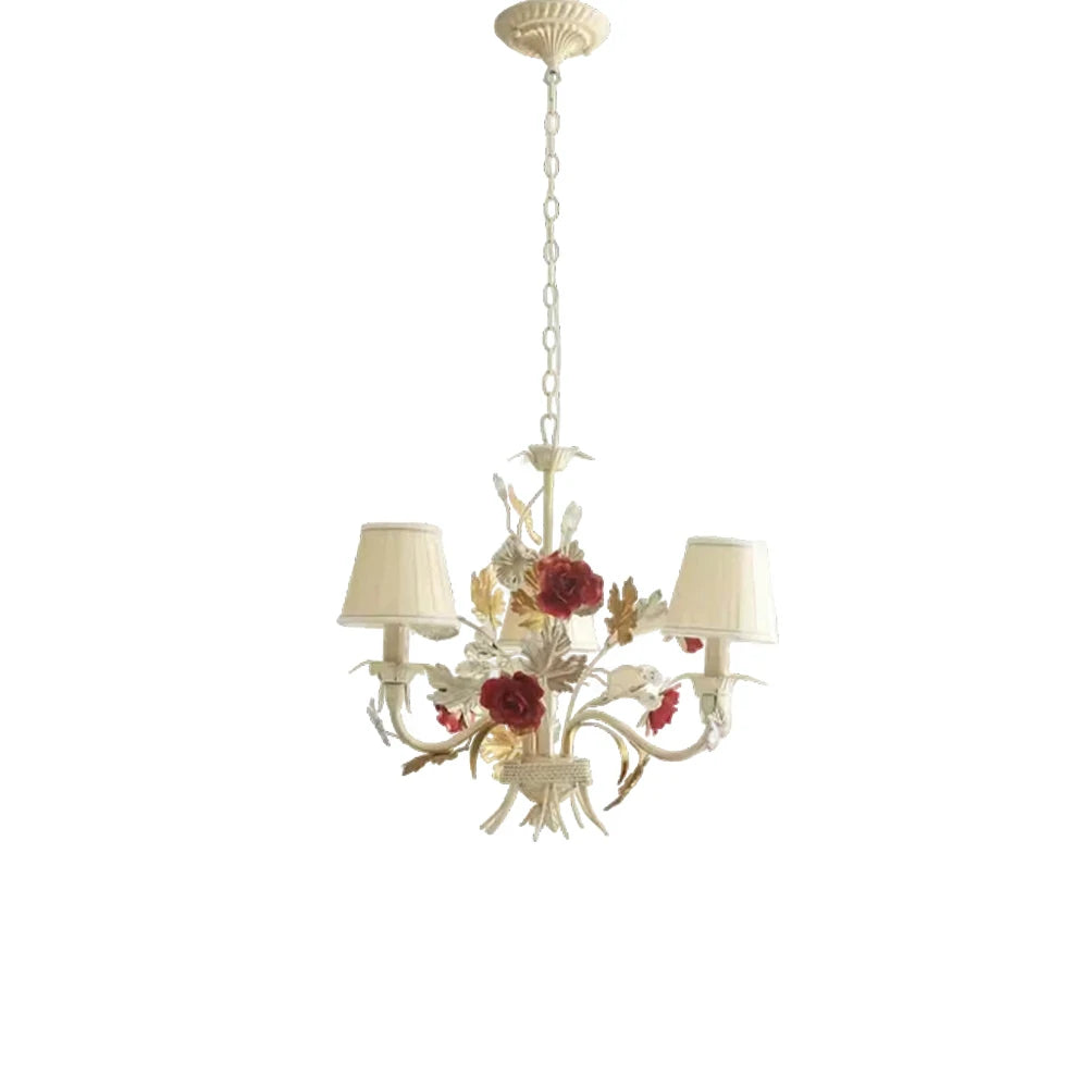 LIVARA Vintage Chandelier Floral Fabric Shade Iron Frame Elegant French Style for Bedroom Dining Living Room (Bulb Not Included)
