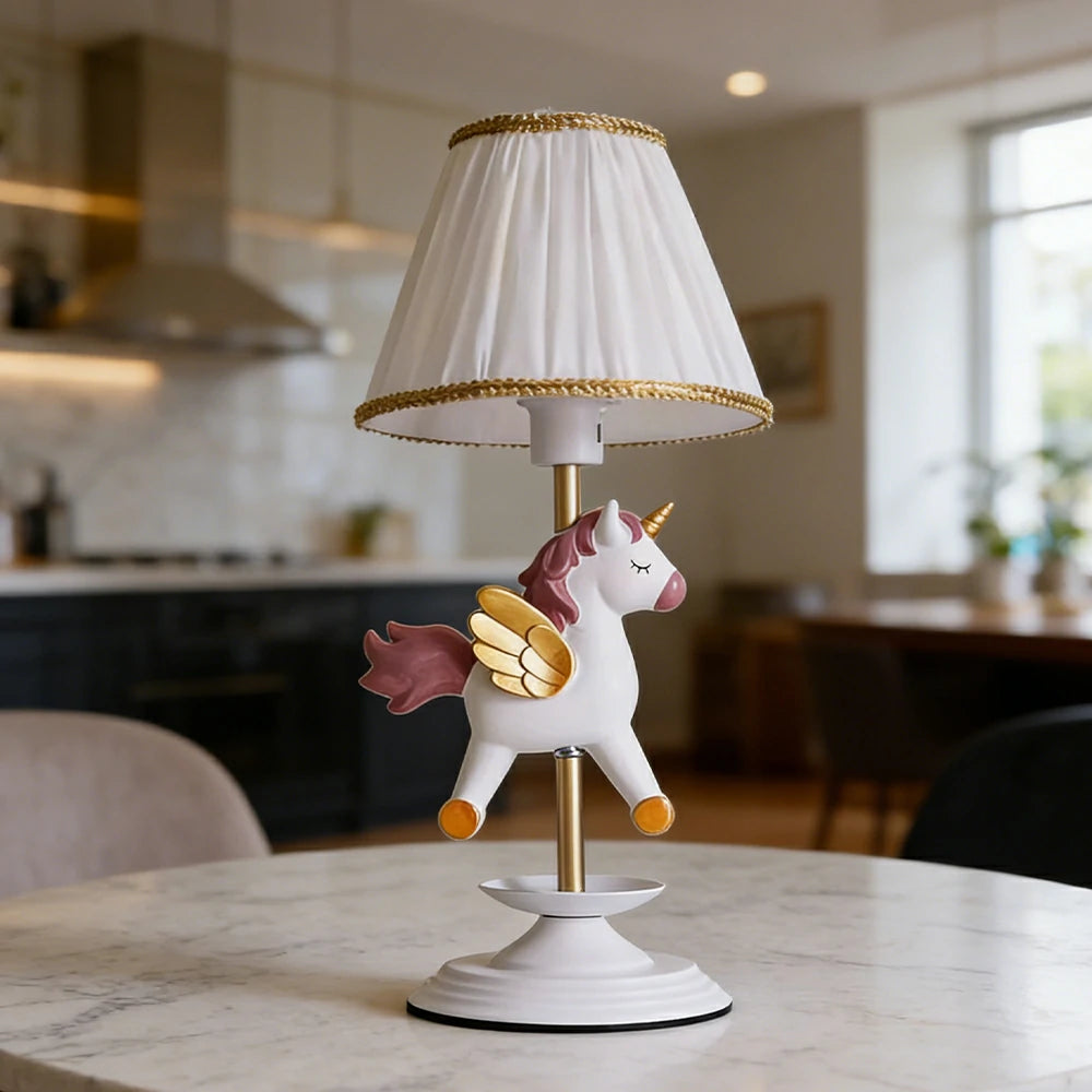 LIVARA Vintage Table Lamp Unicorn Design LED Bulb Included Fabric Shade Elegant Style for Bedroom Living Room - White