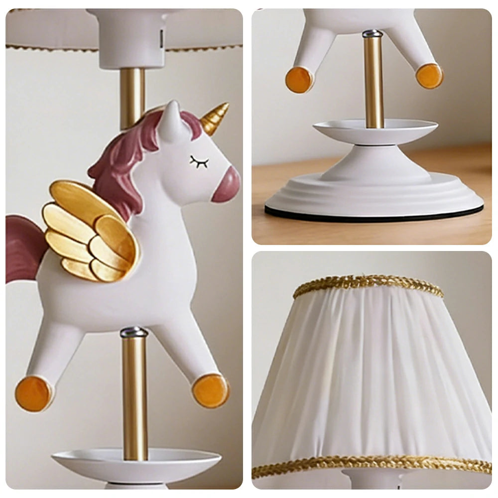 LIVARA Vintage Table Lamp Unicorn Design LED Bulb Included Fabric Shade Elegant Style for Bedroom Living Room - White