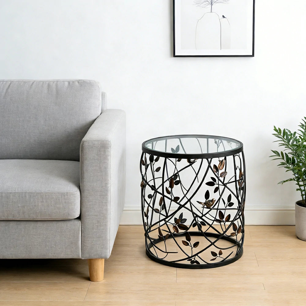 LIVARA Vintage Round Side Table Branch Leaf Metal Design Tempered Glass Top Decorative Accent Table