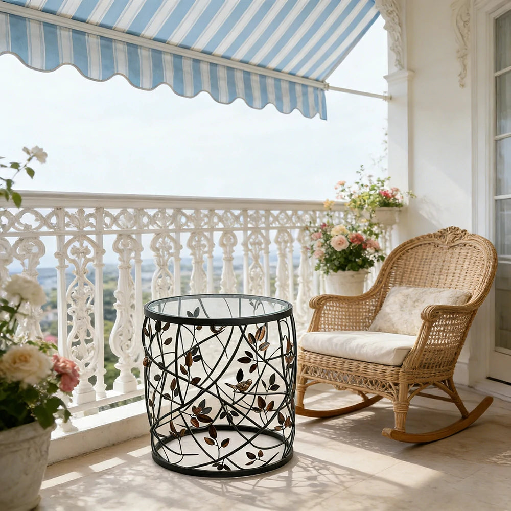 LIVARA Vintage Round Side Table Branch Leaf Metal Design Tempered Glass Top Decorative Accent Table