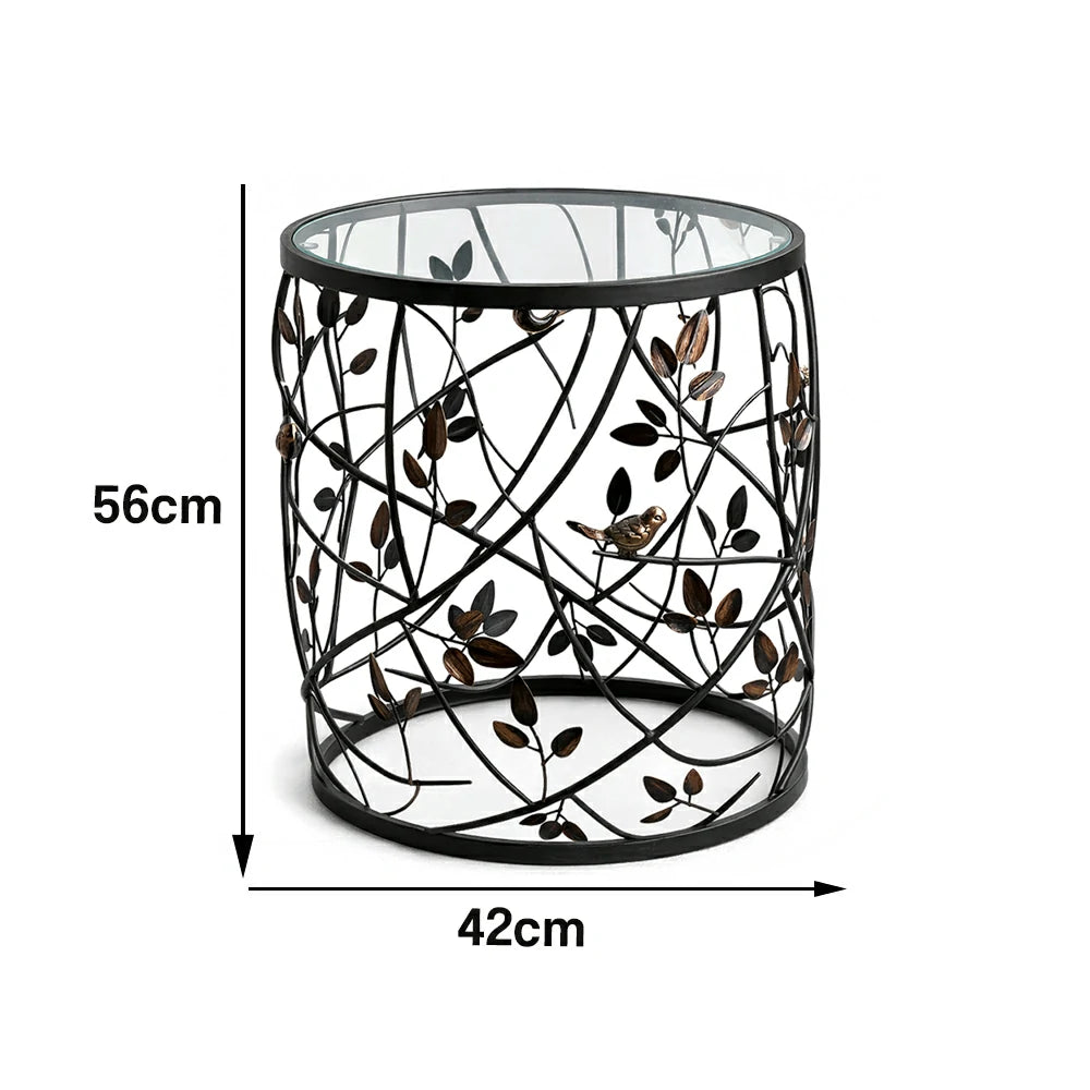 LIVARA Vintage Round Side Table Branch Leaf Metal Design Tempered Glass Top Decorative Accent Table