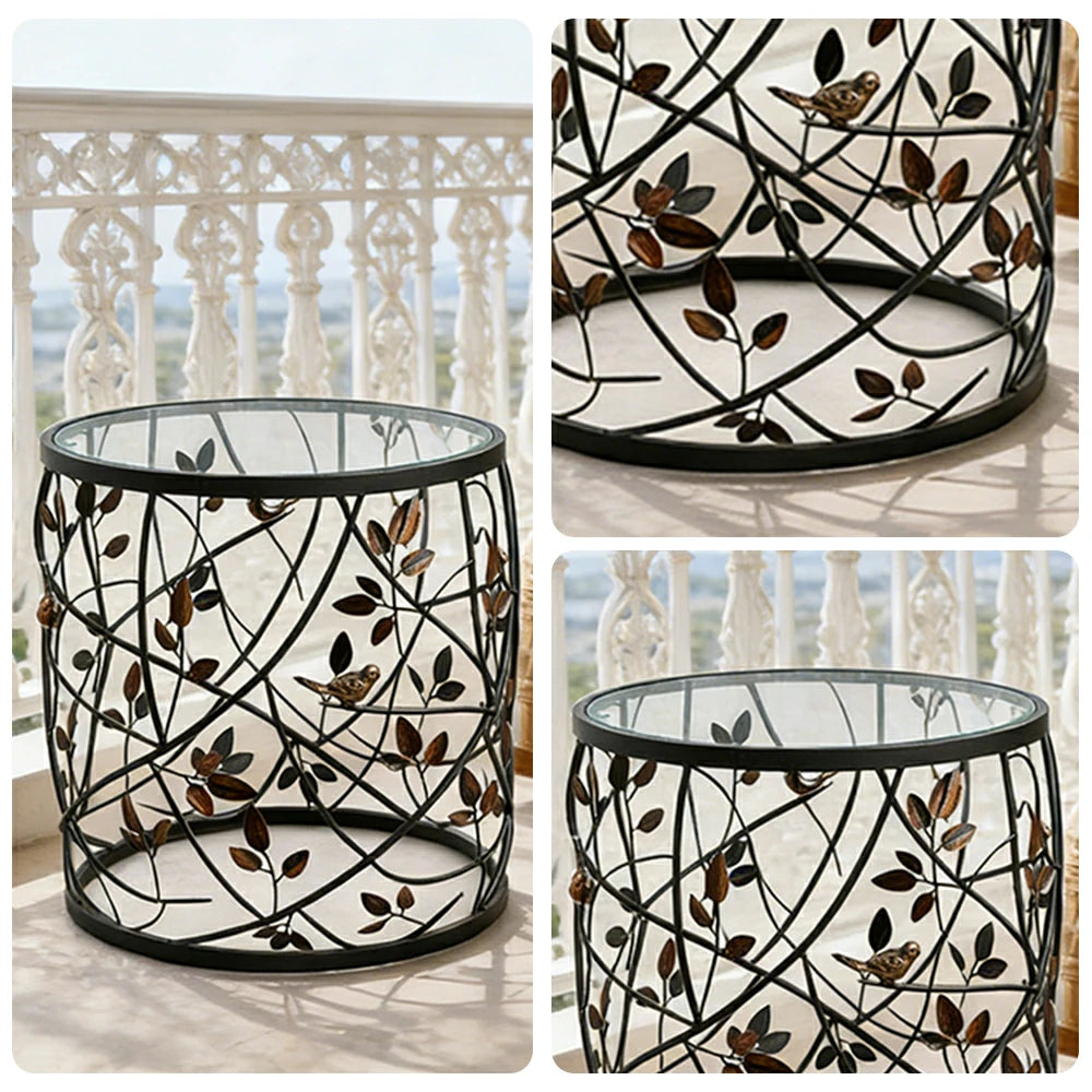 LIVARA Vintage Round Side Table Branch Leaf Metal Design Tempered Glass Top Decorative Accent Table