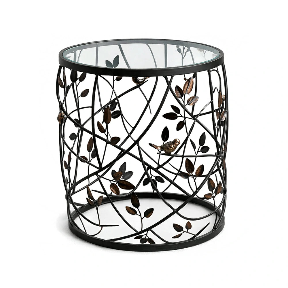 LIVARA Vintage Round Side Table Branch Leaf Metal Design Tempered Glass Top Decorative Accent Table