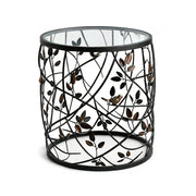 LIVARA Vintage Round Side Table Branch Leaf Metal Design Tempered Glass Top Decorative Accent Table