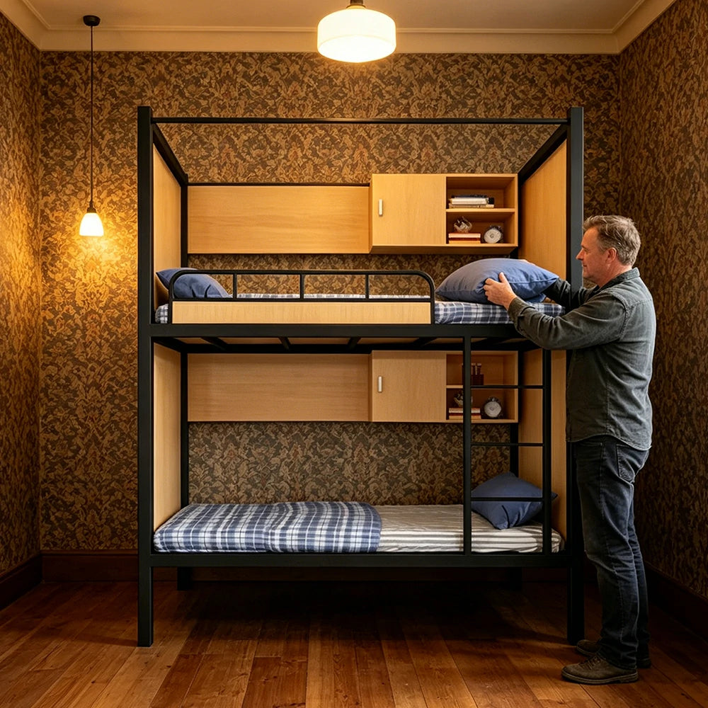 LIVARA Steel Bunk Bed Frame with Storage Heavy Duty 90/100/120cm Dormitory Apartment Space Saving