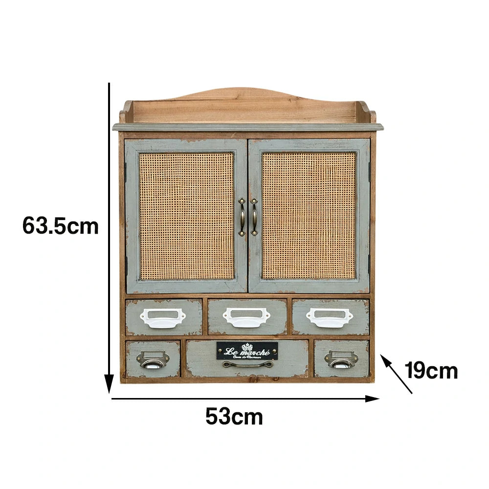 LIVARA Vintage Wall Mounted Storage Cabinet Multi Drawer Organizer Solid Wood Rattan Door Rustic Display Shelf