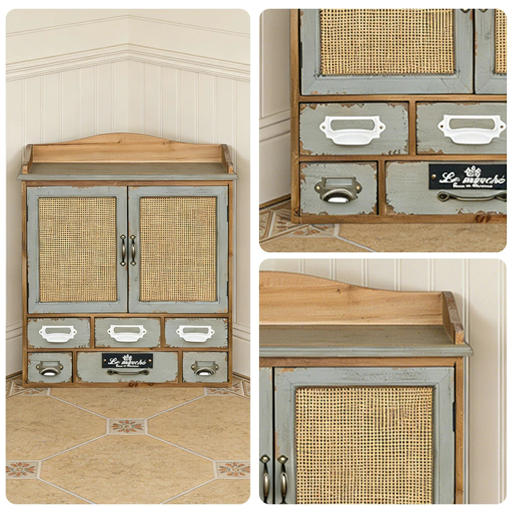 LIVARA Vintage Wall Mounted Storage Cabinet Multi Drawer Organizer Solid Wood Rattan Door Rustic Display Shelf