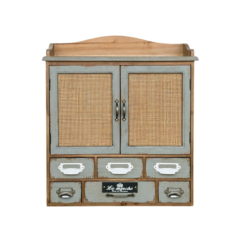 LIVARA Vintage Wall Mounted Storage Cabinet Multi Drawer Organizer Solid Wood Rattan Door Rustic Display Shelf