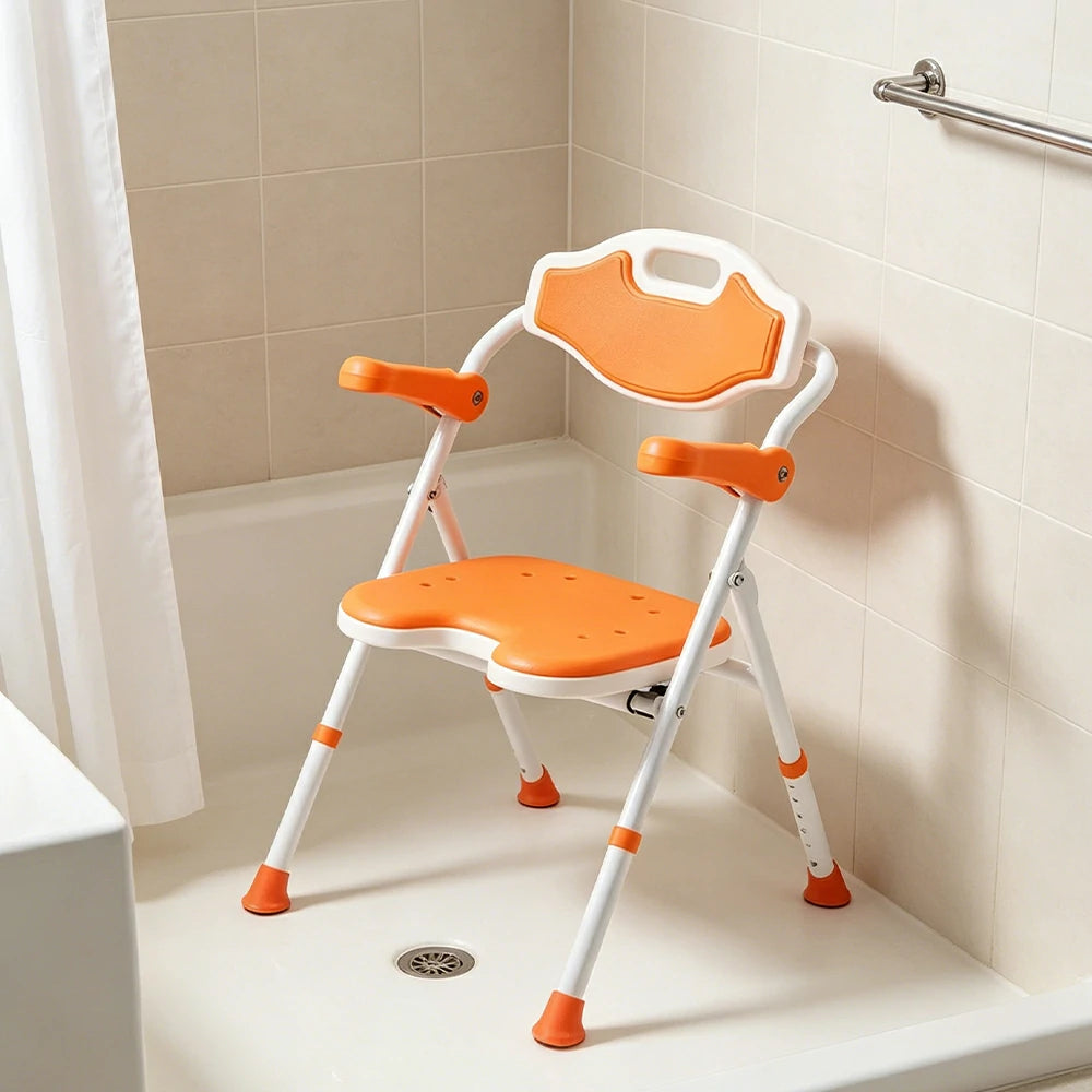 LIVARA Shower Chair Adjustable Height EVA Seat Foldable Armrests Anti-Slip Aluminum Frame for Elderly Bathroom Safety - Orange