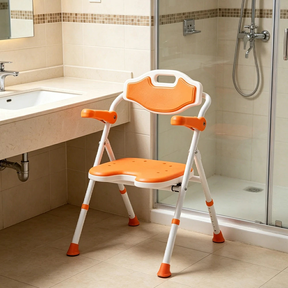 LIVARA Shower Chair Adjustable Height EVA Seat Foldable Armrests Anti-Slip Aluminum Frame for Elderly Bathroom Safety - Orange