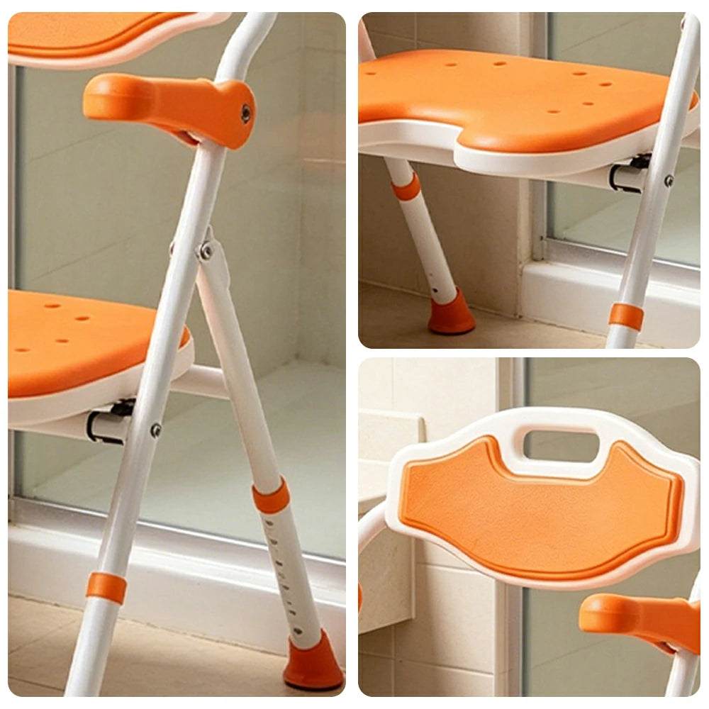 LIVARA Shower Chair Adjustable Height EVA Seat Foldable Armrests Anti-Slip Aluminum Frame for Elderly Bathroom Safety - Orange