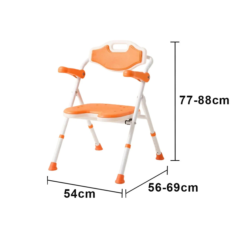 LIVARA Shower Chair Adjustable Height EVA Seat Foldable Armrests Anti-Slip Aluminum Frame for Elderly Bathroom Safety - Orange