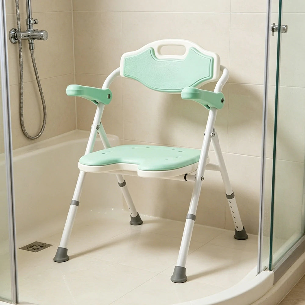 LIVARA Shower Chair Adjustable Height EVA Seat Foldable Armrests Anti-Slip Aluminum Frame for Elderly Bathroom Safety - Green