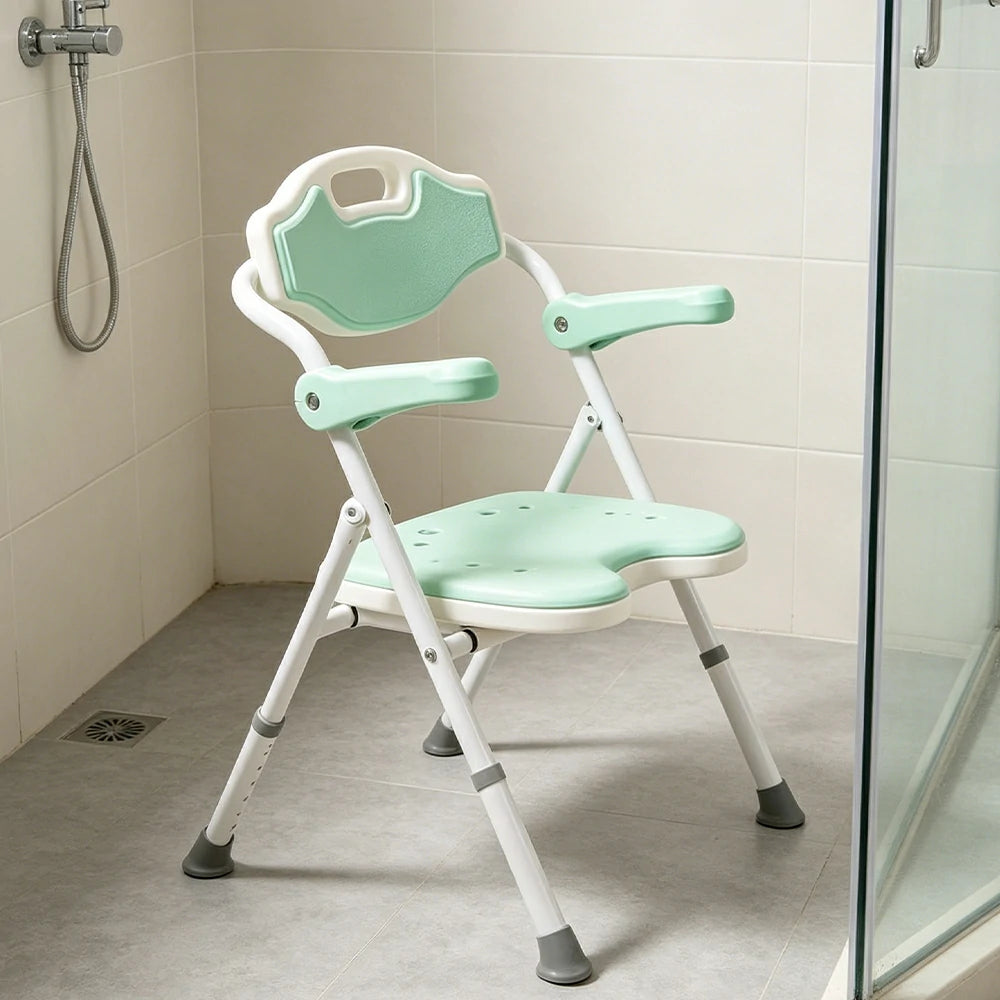 LIVARA Shower Chair Adjustable Height EVA Seat Foldable Armrests Anti-Slip Aluminum Frame for Elderly Bathroom Safety - Green