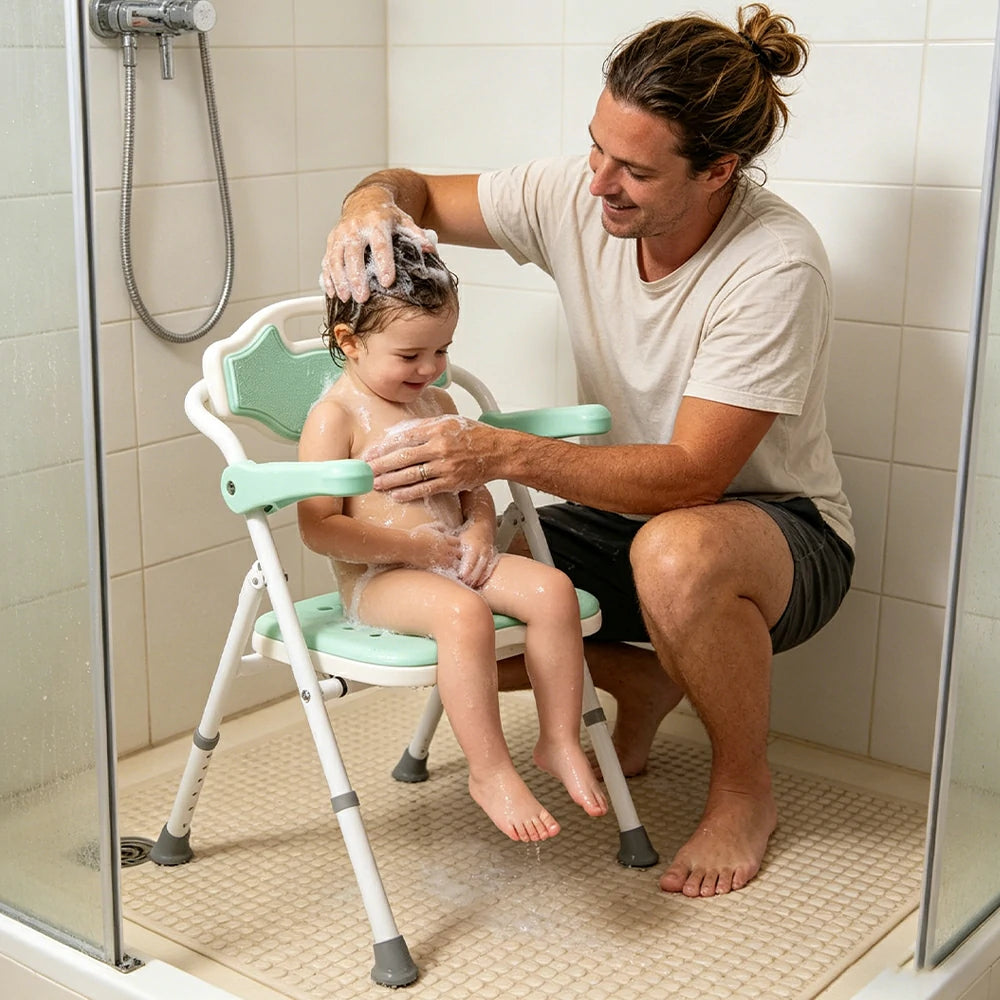 LIVARA Shower Chair Adjustable Height EVA Seat Foldable Armrests Anti-Slip Aluminum Frame for Elderly Bathroom Safety - Green