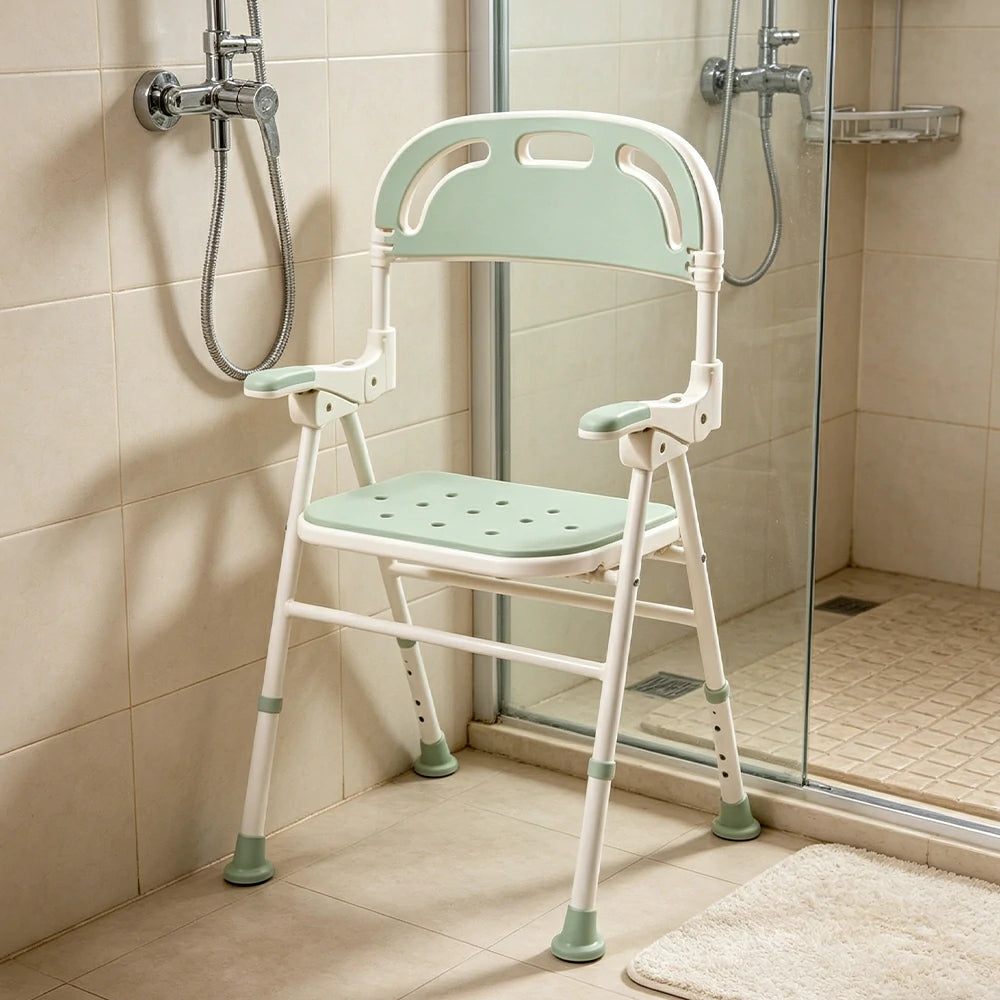 LIVARA Shower Chair with Back Scrubber Adjustable Height EVA Seat Foldable Armrests Anti-Slip Aluminum Frame for Elderly Bathroom Safety - Green