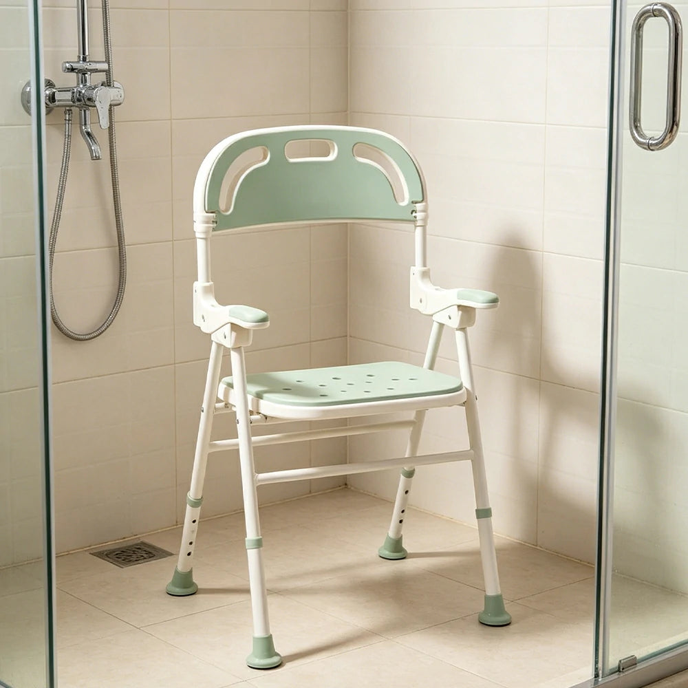 LIVARA Shower Chair with Back Scrubber Adjustable Height EVA Seat Foldable Armrests Anti-Slip Aluminum Frame for Elderly Bathroom Safety - Green