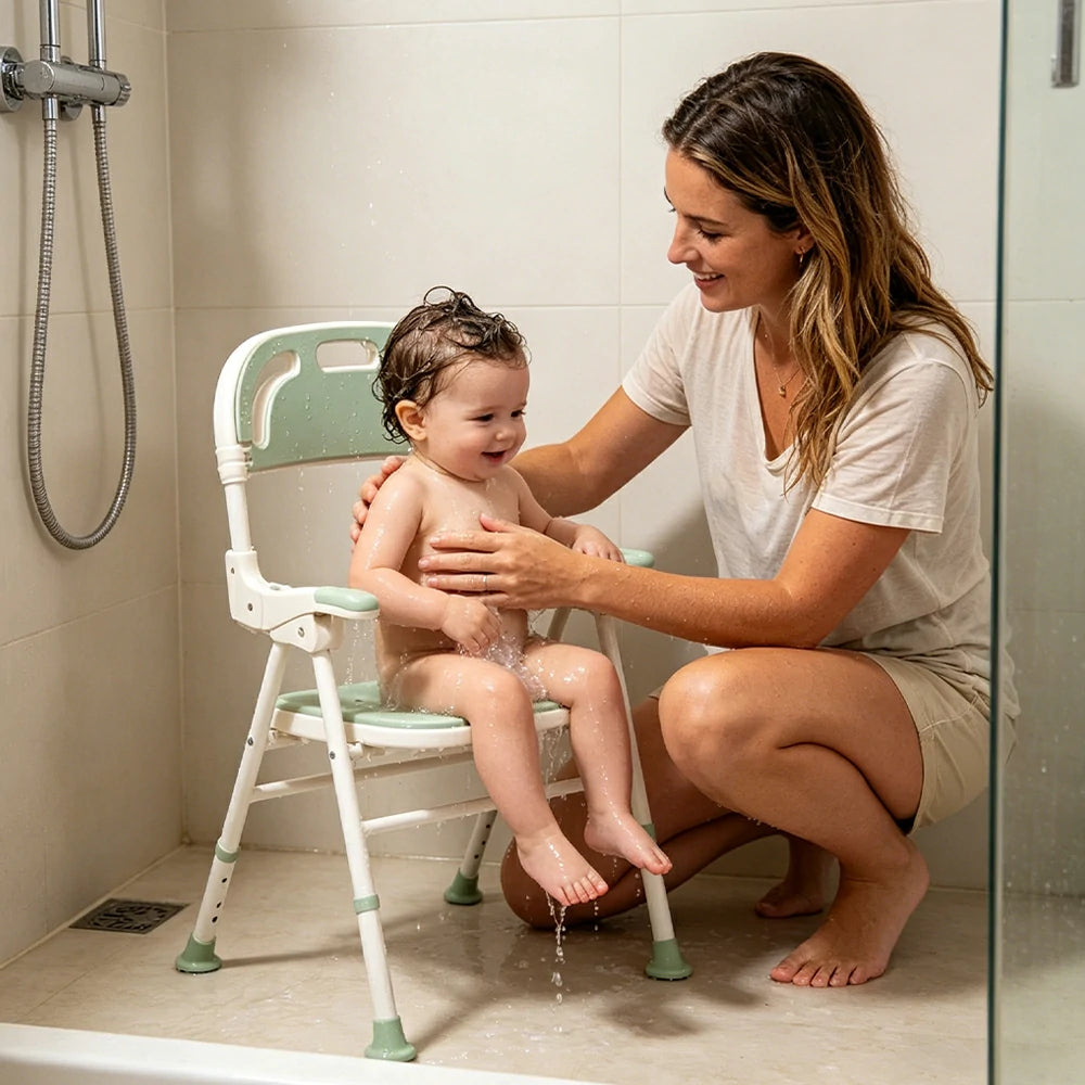 LIVARA Shower Chair with Back Scrubber Adjustable Height EVA Seat Foldable Armrests Anti-Slip Aluminum Frame for Elderly Bathroom Safety - Green