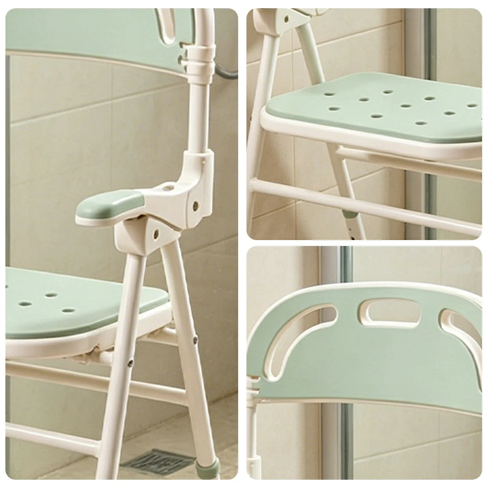 LIVARA Shower Chair with Back Scrubber Adjustable Height EVA Seat Foldable Armrests Anti-Slip Aluminum Frame for Elderly Bathroom Safety - Green