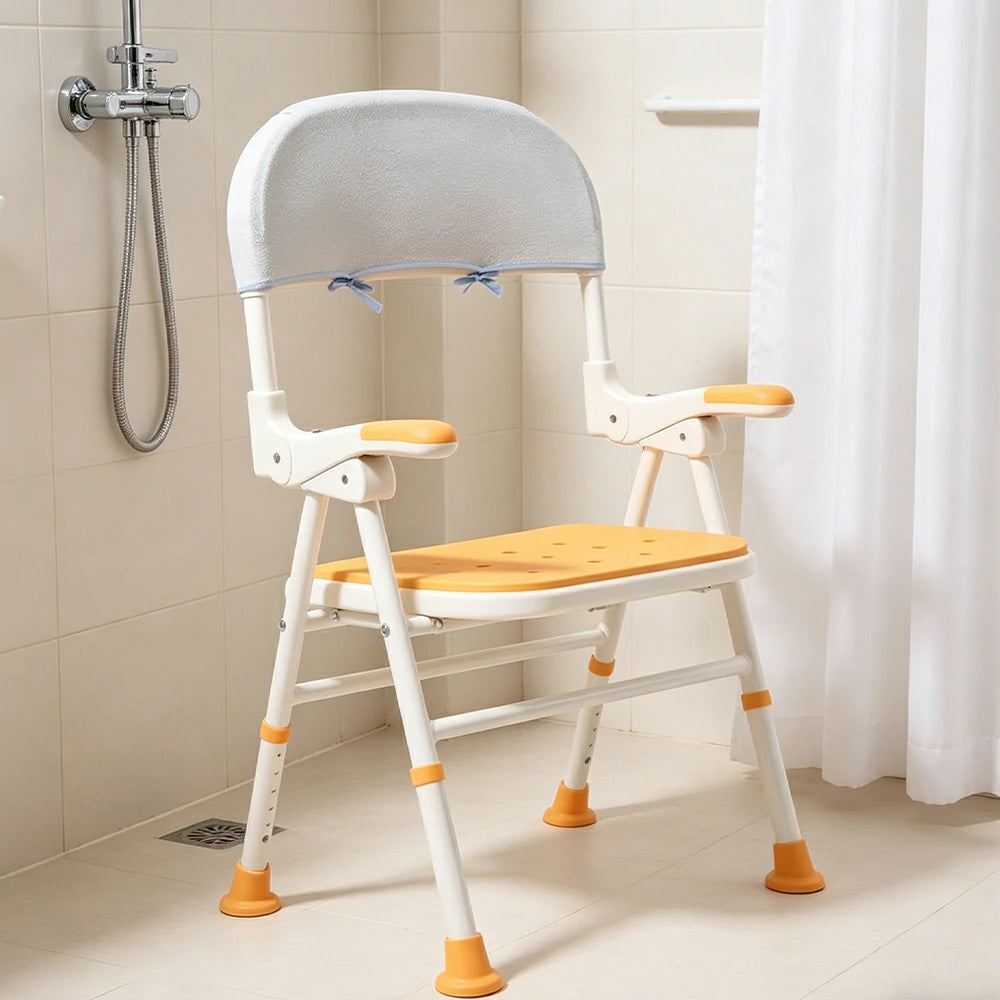 LIVARA Shower Chair with Back Scrubber Adjustable Height EVA Seat Foldable Armrests Anti-Slip Aluminum Frame for Elderly Bathroom Safety - Yellow