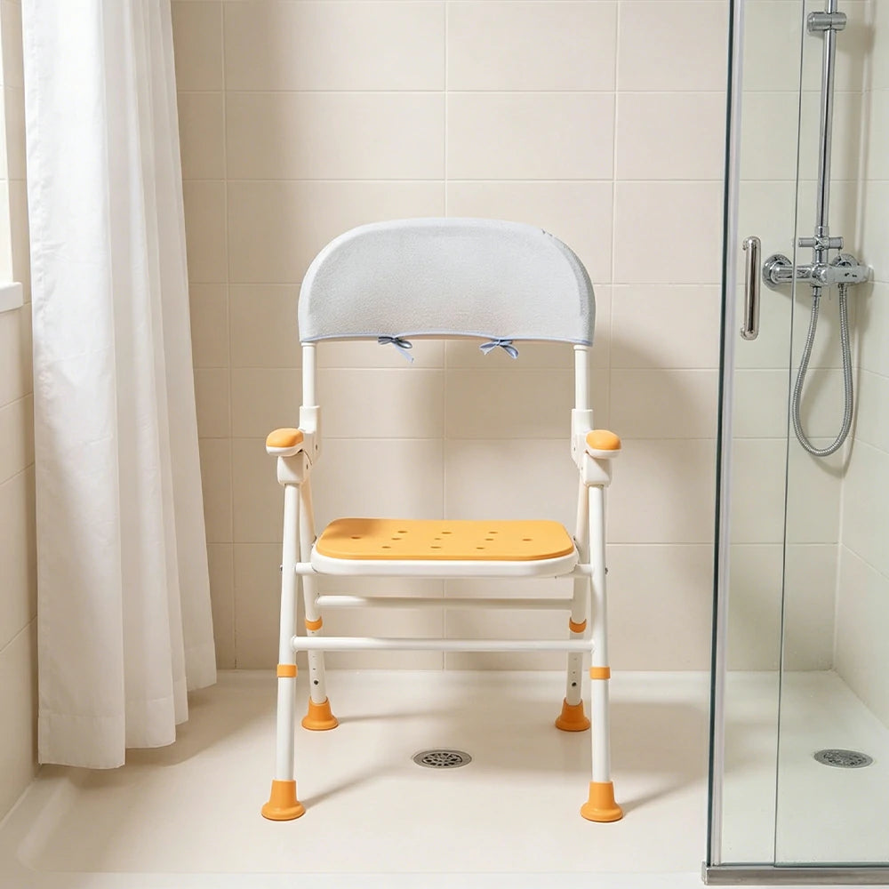 LIVARA Shower Chair with Back Scrubber Adjustable Height EVA Seat Foldable Armrests Anti-Slip Aluminum Frame for Elderly Bathroom Safety - Yellow