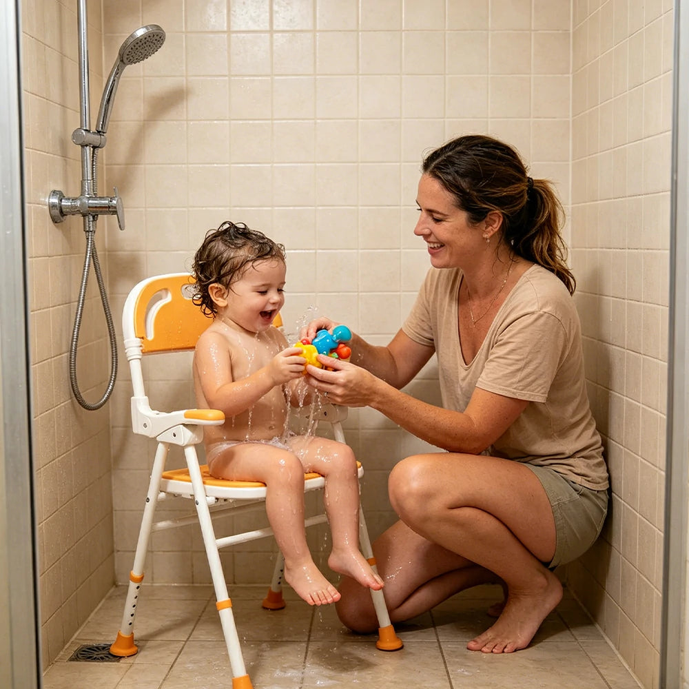 LIVARA Shower Chair with Back Scrubber Adjustable Height EVA Seat Foldable Armrests Anti-Slip Aluminum Frame for Elderly Bathroom Safety - Yellow