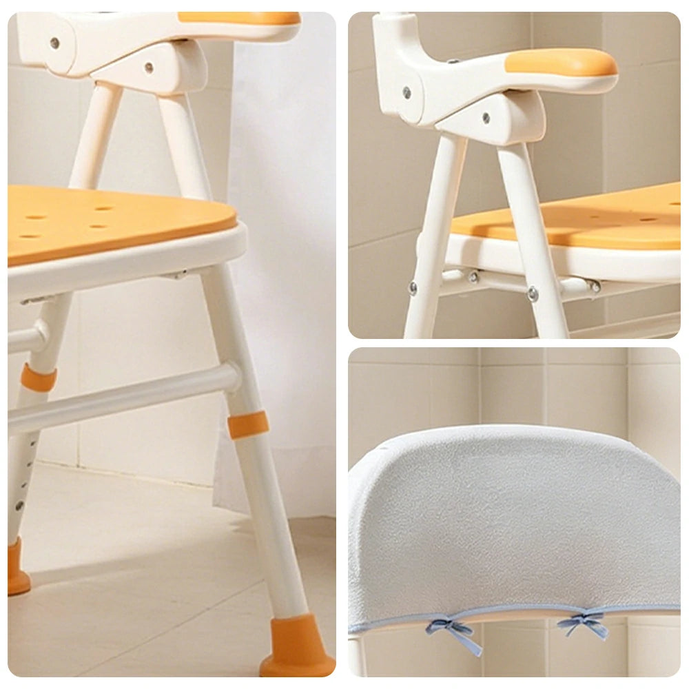 LIVARA Shower Chair with Back Scrubber Adjustable Height EVA Seat Foldable Armrests Anti-Slip Aluminum Frame for Elderly Bathroom Safety - Yellow