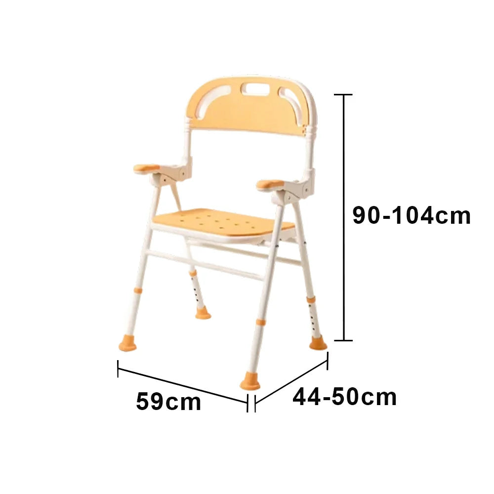 LIVARA Shower Chair with Back Scrubber Adjustable Height EVA Seat Foldable Armrests Anti-Slip Aluminum Frame for Elderly Bathroom Safety - Yellow